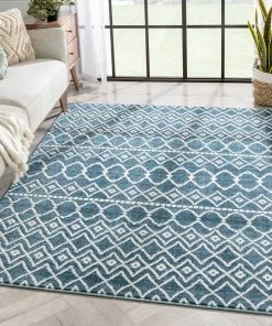 Well Woven Global Hira Moroccan Trellis Geometric Blue High-Low Rug