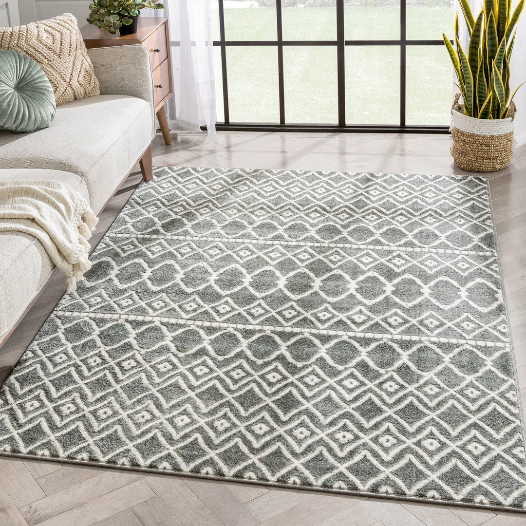 Well Woven Hira Moroccan Trellis Geometric Grey High-Low Rug Global 1 Well Woven Hira Moroccan Trellis Geometric Grey High-Low Rug Global