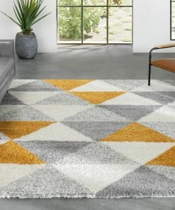 Well Woven Reily Mid-Century Modern Geometric Triangle Pattern Yellow Shag Rug