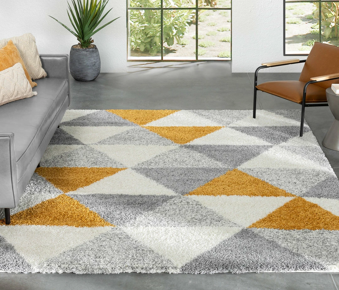 Well Woven Reily Mid-Century Modern Geometric Triangle Pattern Yellow Shag Rug 1 Well Woven Reily Mid-Century Modern Geometric Triangle Pattern Yellow Shag Rug