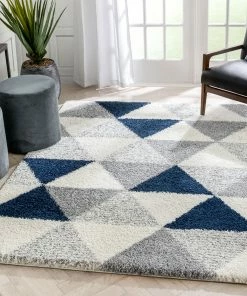 Well Woven Reily Mid-Century Modern Geometric Triangle Pattern Blue Shag Rug