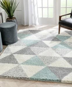 Well Woven Reily Mid-Century Modern Geometric Triangle Pattern Light Blue Shag Rug