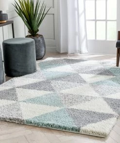 Well Woven Reily Mid-Century Modern Geometric Triangle Pattern Light Blue Shag Rug