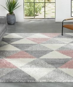 Well Woven Reily Mid-Century Modern Geometric Triangle Pattern Pink Shag Rug