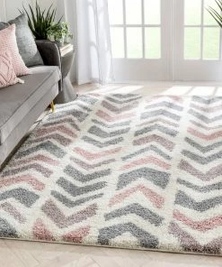 Well Woven Kylar Nordic Chevron Pattern Pink Shag Rug Geometric