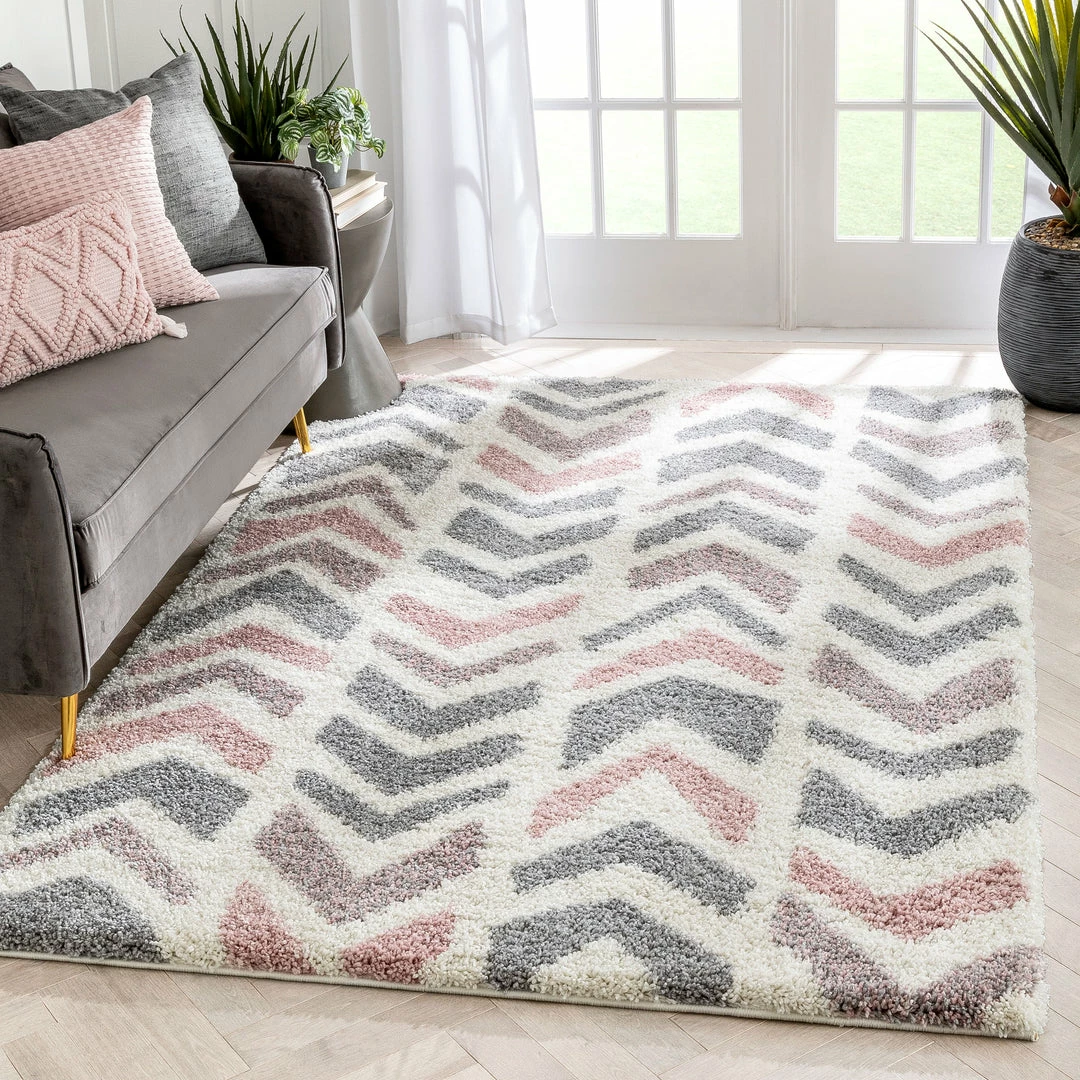 Well Woven Kylar Nordic Chevron Pattern Pink Shag Rug Geometric 1 Well Woven Kylar Nordic Chevron Pattern Pink Shag Rug Geometric