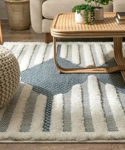 Well Woven Luna Tribal Moroccan Diamond Pattern Blue High-Low Flat-Weave Rug Global