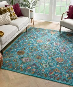 Well Woven Sabra Bohemian Vintage Panel Floral Blue Rug