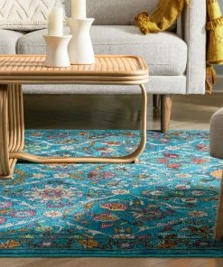 Well Woven Sabra Bohemian Vintage Panel Floral Blue Rug