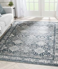 Well Woven Lennan Vintage Oriental Floral Border Blue Rug