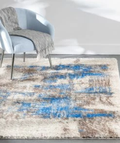 Well Woven Geometric Sariah Modern Abstract Ivory Blue Shag Rug