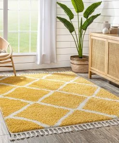 Well Woven Celosia Moroccan Trellis Shag Yellow Rug