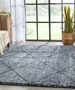 Well Woven Aviero Moroccan Lattice Trellis Blue Thick & Soft Shag Rug