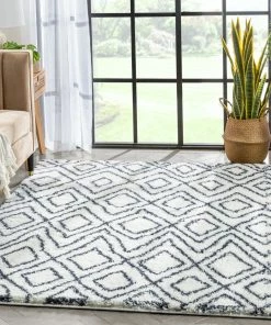 Well Woven Global Lagos Tribal Diamond Pattern Blue Thick & Soft Shag Rug