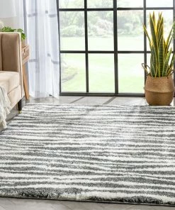Well Woven Faro Modern Coastal Waves Pattern Dark Grey Thick & Soft Shag Rug Tribal