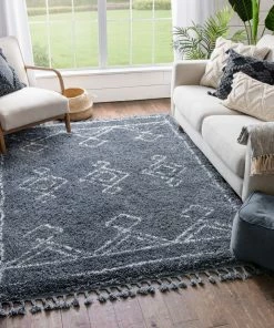 Well Woven Global Verdant Tribal Diamond Pattern Blue Super Soft And Thick Shag Rug
