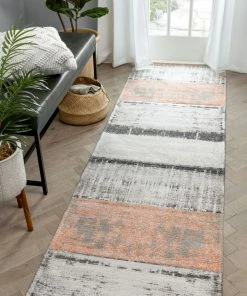 Well Woven Fanos Modern Distressed Abstract Brush Strokes Salmon Grey Kilim-Style Rug