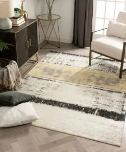 Well Woven Global Fanos Modern Distressed Abstract Brush Strokes Yellow Grey Kilim-Style Rug