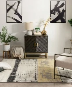 Well Woven Global Fanos Modern Distressed Abstract Brush Strokes Yellow Grey Kilim-Style Rug