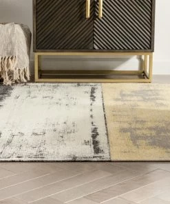Well Woven Global Fanos Modern Distressed Abstract Brush Strokes Yellow Grey Kilim-Style Rug