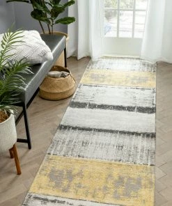 Well Woven Global Fanos Modern Distressed Abstract Brush Strokes Yellow Grey Kilim-Style Rug