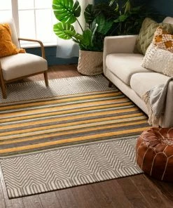 Well Woven Chia Contemporary Solid & Striped Beige Gold Kilim-Style 5'3" X 7'3" Rug Global