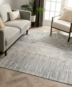 Well Woven Agma Contemporary Distressed Abstract Waves Grey Beige Kilim-Style 5'3" X 7'3" Rug