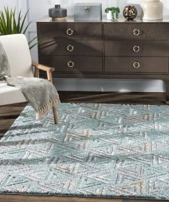 Well Woven Thanatos Modern Geometric Light Blue High-Low Shag Rug