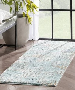 Well Woven Thanatos Modern Geometric Light Blue High-Low Shag Rug