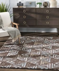 Well Woven Thanatos Modern Geometric Brown High-Low Shag Rug Vintage