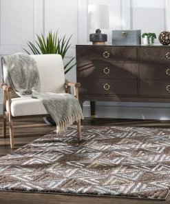 Well Woven Thanatos Modern Geometric Brown High-Low Shag Rug Vintage