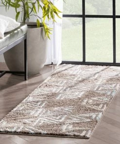 Well Woven Thanatos Modern Geometric Brown High-Low Shag Rug Vintage