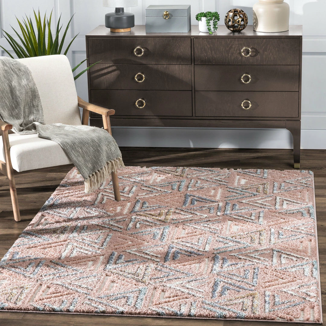 Well Woven Thanatos Modern Geometric Blush High-Low Shag Rug 1 Well Woven Thanatos Modern Geometric Blush High-Low Shag Rug