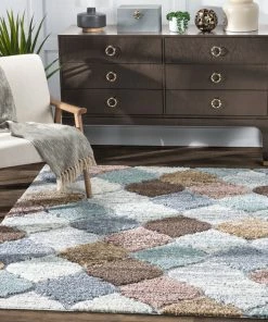 Well Woven Global Calliope Moroccan Trellis Ivory Blue High-Low Shag Rug