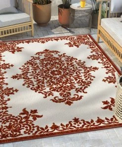 Well Woven Arid Modern Medallion Persian Indoor/Outdoor Terracotta High-Low Rug
