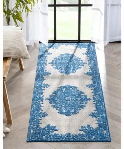 Well Woven Arid Modern Medallion Persian Indoor/Outdoor Blue High-Low Rug