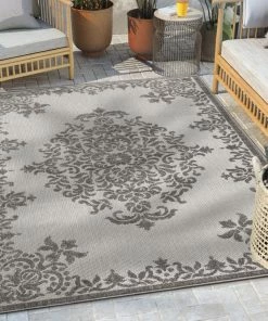 Well Woven Arid Modern Medallion Persian Indoor/Outdoor Grey High-Low Rug