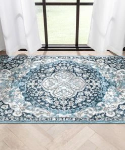 Well Woven Geometric Granada Transitional Oriental Medallion Pattern Blue Rug
