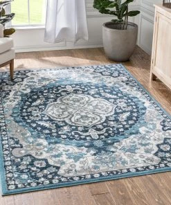 Well Woven Geometric Granada Transitional Oriental Medallion Pattern Blue Rug