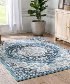 Well Woven Geometric Granada Transitional Oriental Medallion Pattern Blue Rug