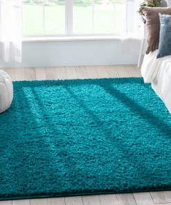 Well Woven Emerson Modern Solid Teal Textured Shag Rug Blue
