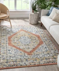 Well Woven Messina Vintage Medallion Botanical Border Rust Rug