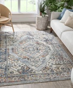 Well Woven Global Salerno Bohemian Vintage Persian Medallion Ivory Blue Rug