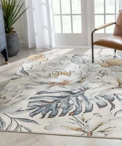 Well Woven Aprilia Tropical Floral Leaves Ivory Blue Rug