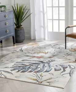 Well Woven Aprilia Tropical Floral Leaves Ivory Blue Rug