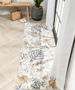 Well Woven Aprilia Tropical Floral Leaves Ivory Blue Rug