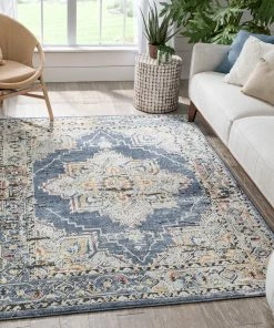 Well Woven Global Andria Vintage Medallion Botanical Border Blue Rug