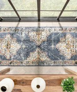 Well Woven Global Andria Vintage Medallion Botanical Border Blue Rug