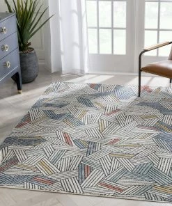 Well Woven Varese Abstract Geometric Stripes Blue Rug Vintage