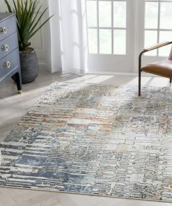 Well Woven Modica Geometric Abstract Pattern Ivory Blue Rug Vintage